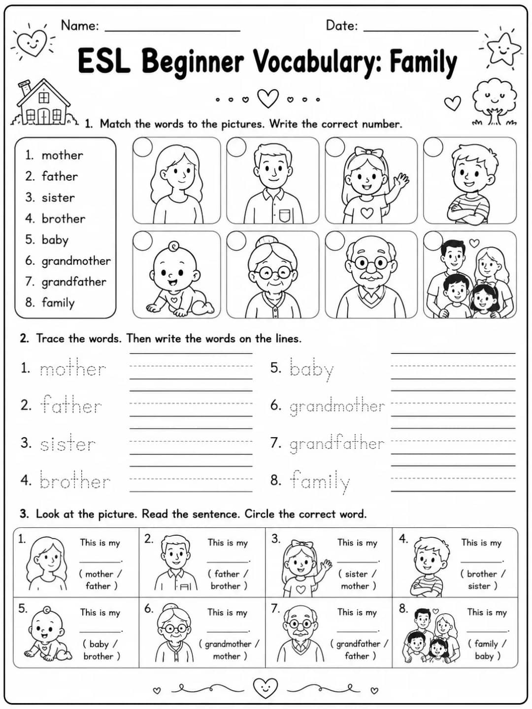 ESL Beginner Vocabulary: Family printable Kindergarten worksheet preview from KiwiBee