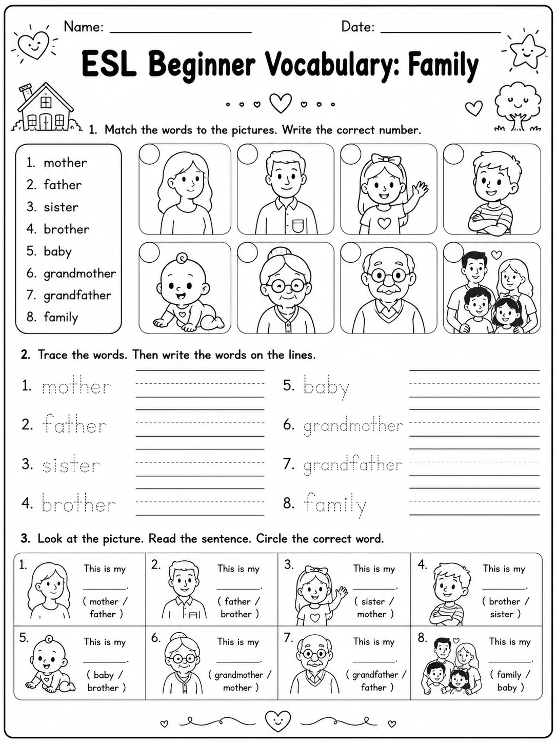 ESL Beginner Vocabulary: Family printable Kindergarten worksheet preview from KiwiBee