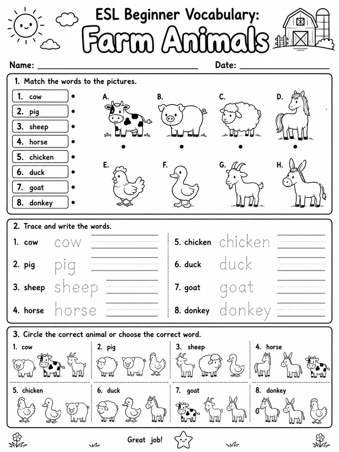 ESL Beginner Vocabulary: Farm Animals printable Kindergarten worksheet preview from KiwiBee