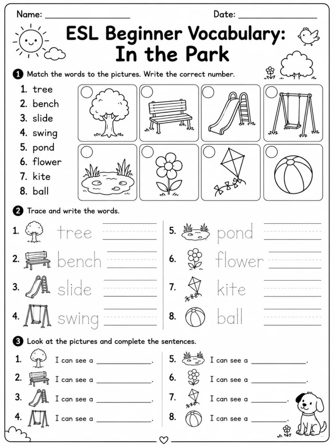 ESL Beginner Vocabulary: In the Park printable Kindergarten worksheet preview from KiwiBee