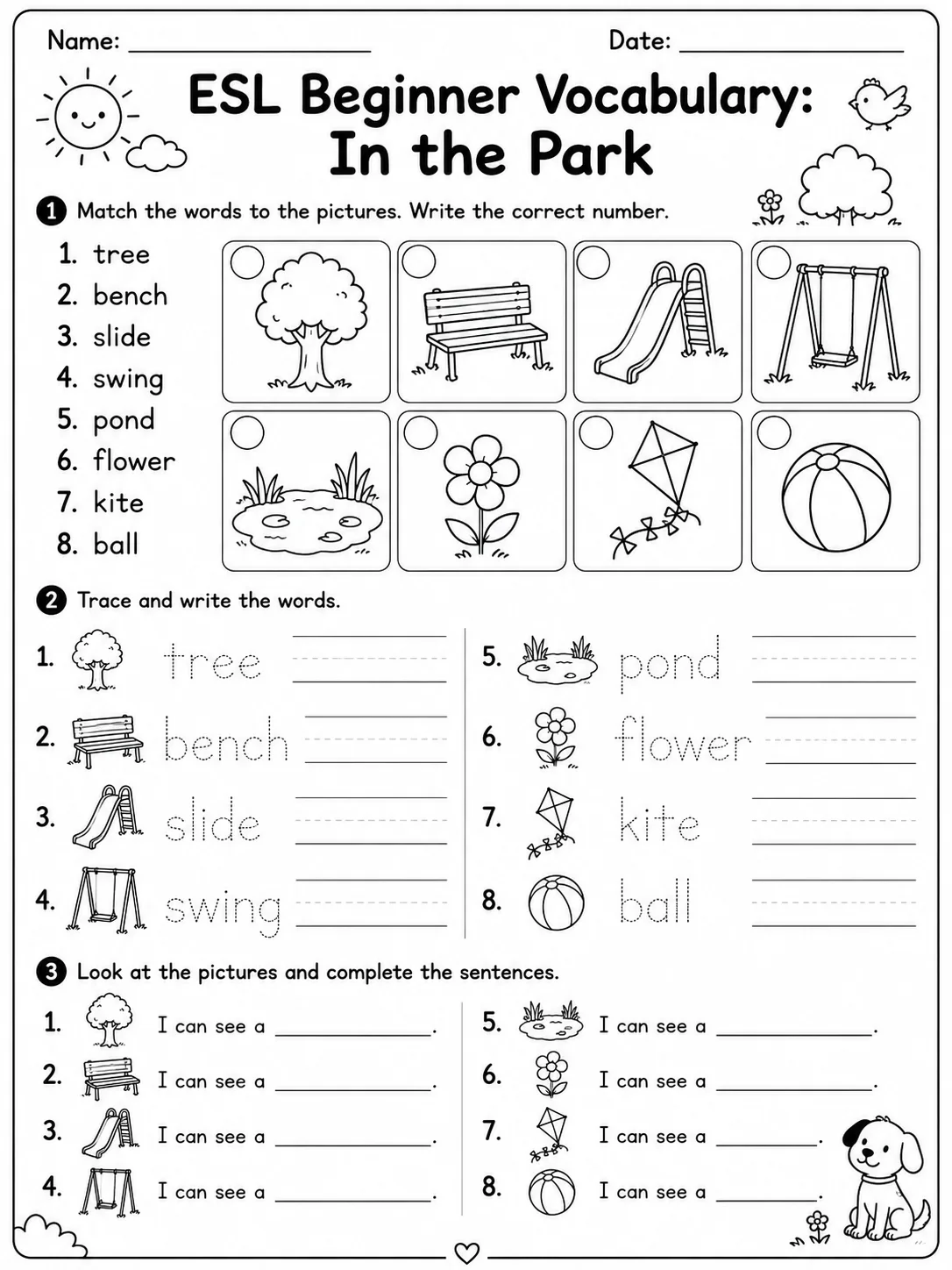 ESL Beginner Vocabulary: In the Park printable Kindergarten worksheet preview from KiwiBee