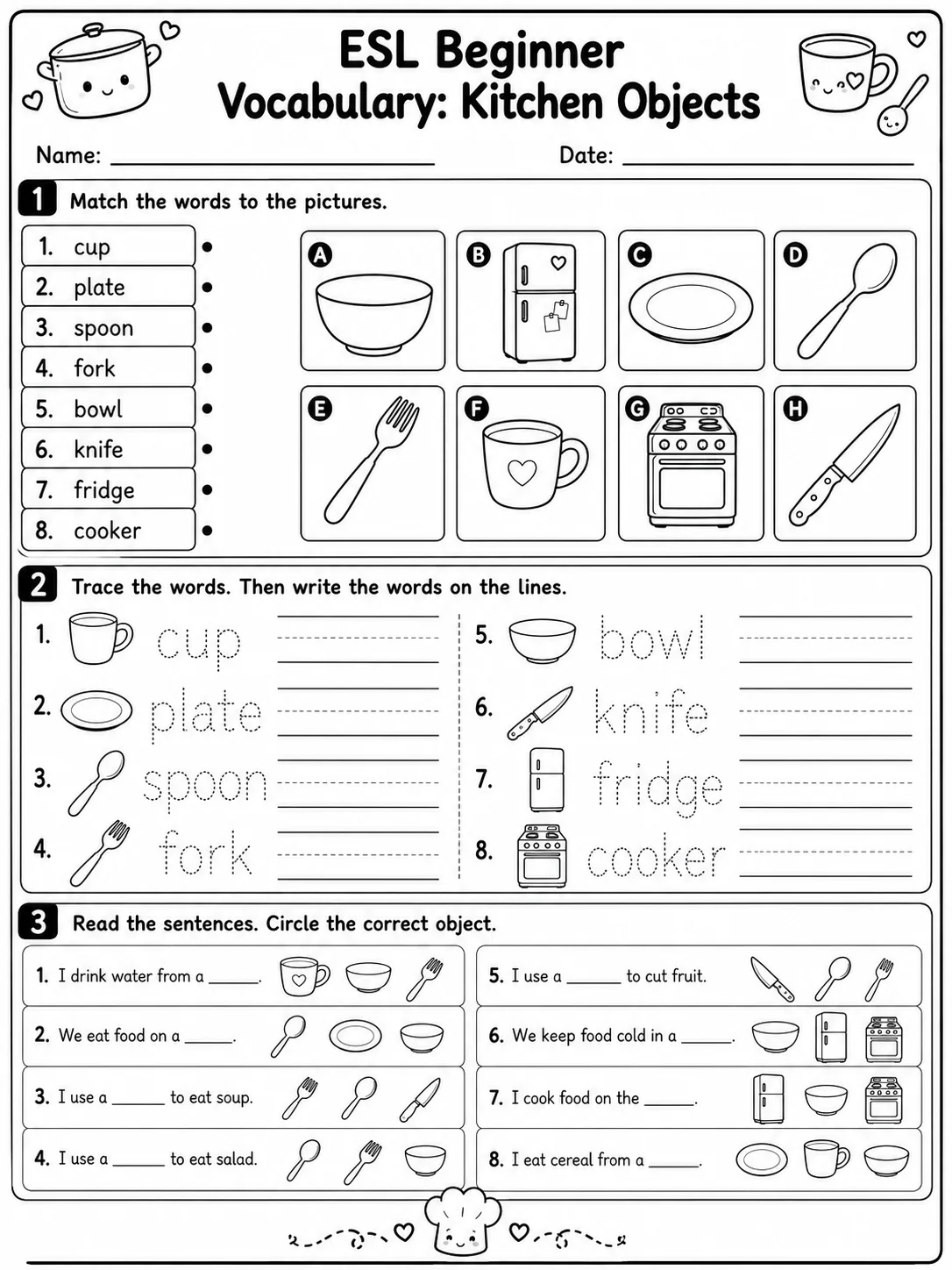 ESL Beginner Vocabulary: Kitchen Objects printable Kindergarten worksheet preview from KiwiBee