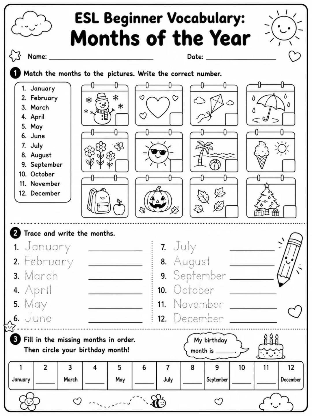 ESL Beginner Vocabulary: Months of the Year printable Kindergarten worksheet preview from KiwiBee