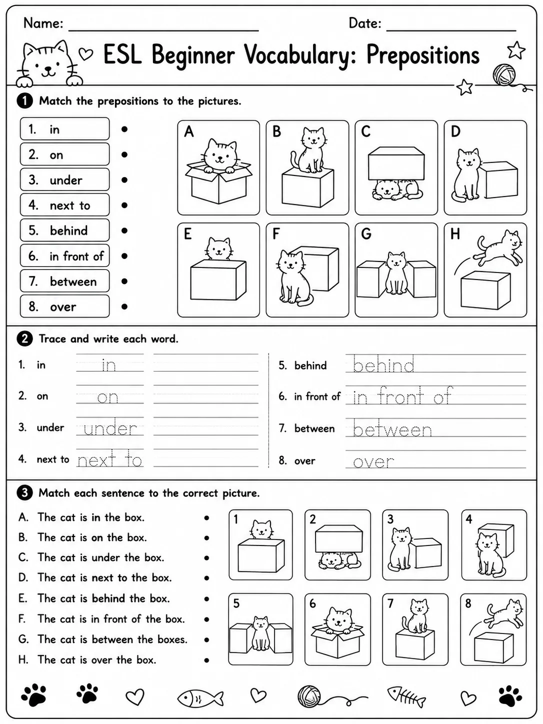 ESL Beginner Vocabulary: Prepositions printable Kindergarten worksheet preview from KiwiBee