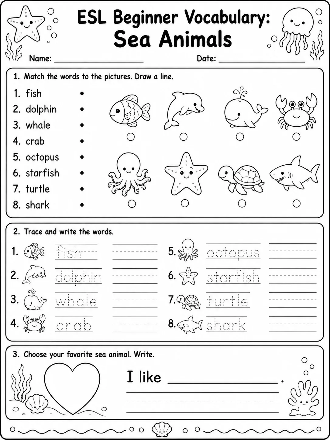 ESL Beginner Vocabulary: Sea Animals printable Kindergarten worksheet preview from KiwiBee