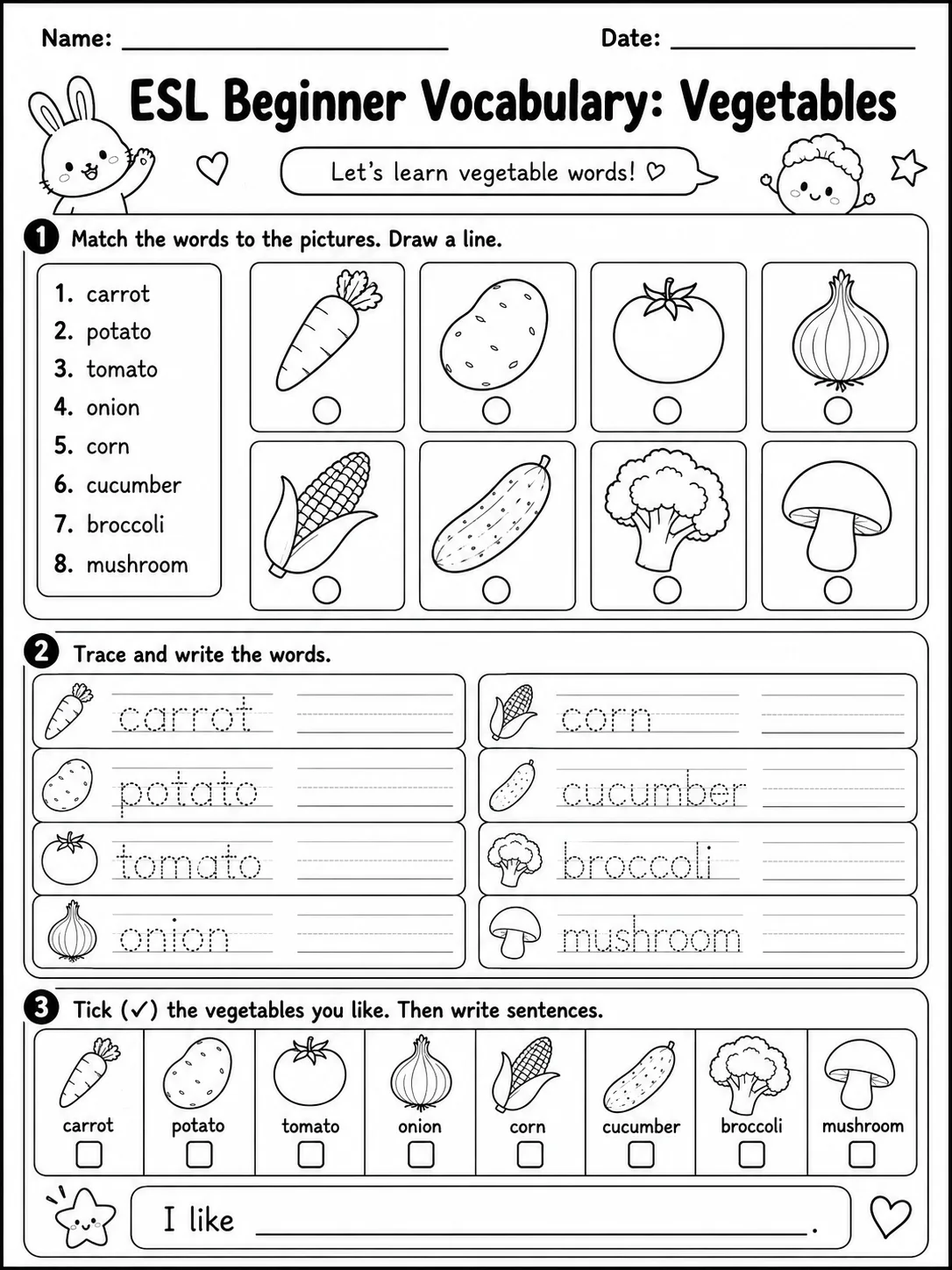 ESL Beginner Vocabulary: Vegetables printable Kindergarten worksheet preview from KiwiBee