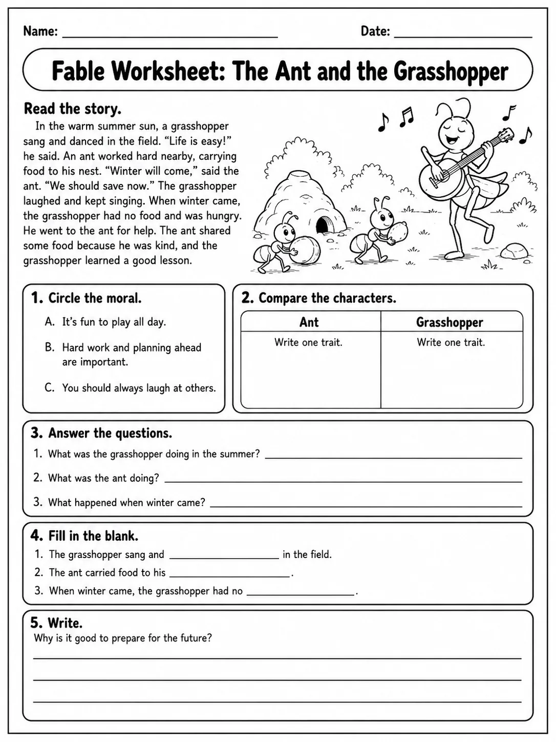 Fable Worksheet: The Ant and the Grasshopper printable Grade 3 worksheet preview from KiwiBee