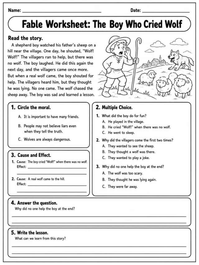 Fable Worksheet: The Boy Who Cried Wolf