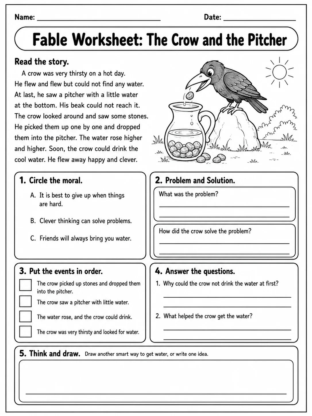 Fable Worksheet: The Crow and the Pitcher printable Grade 3 worksheet preview from KiwiBee