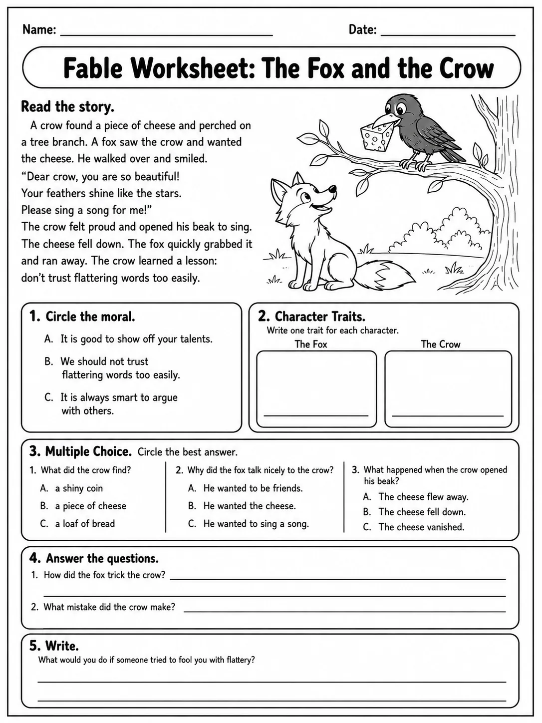 Fable Worksheet: The Fox and the Crow printable Grade 3 worksheet preview from KiwiBee