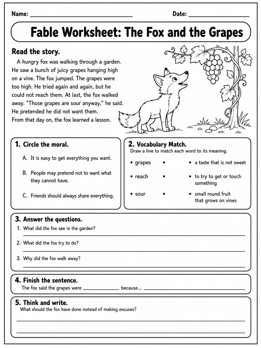 Fable Worksheet: The Fox and the Grapes printable Grade 3 worksheet preview from KiwiBee