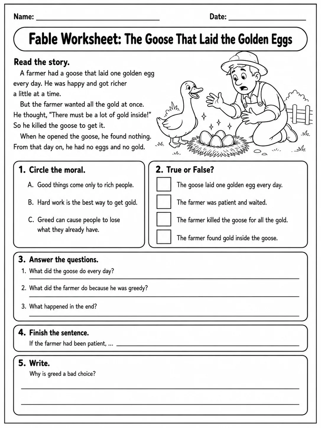 Fable Worksheet: The Goose That Laid the Golden Eggs printable Grade 3 worksheet preview from KiwiBee