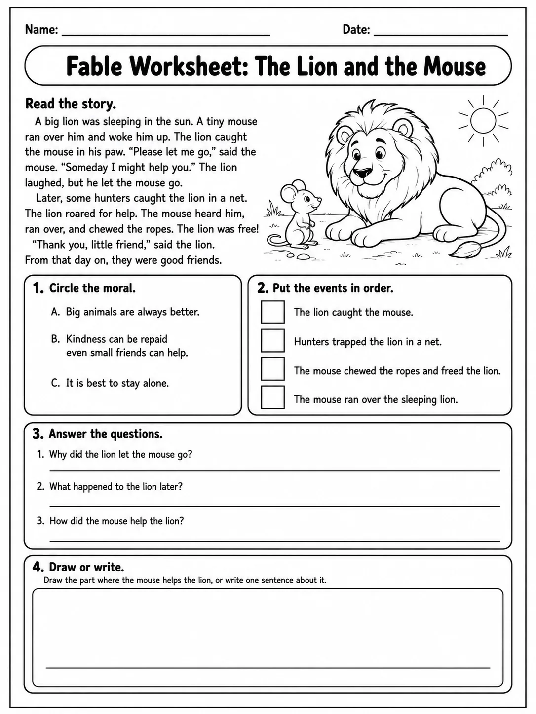 Fable Worksheet: The Lion and the Mouse printable Grade 3 worksheet preview from KiwiBee