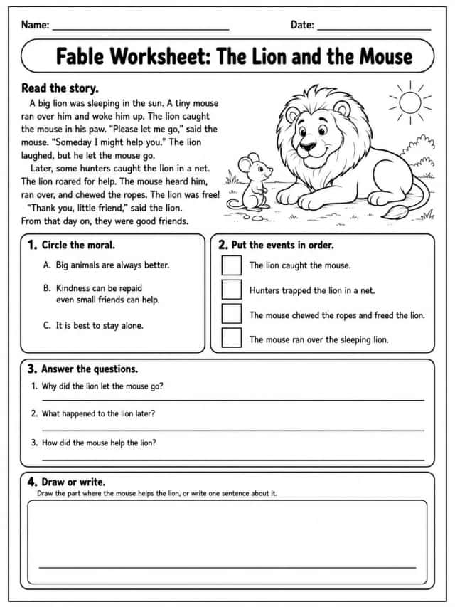 Fable Worksheet: The Lion and the Mouse