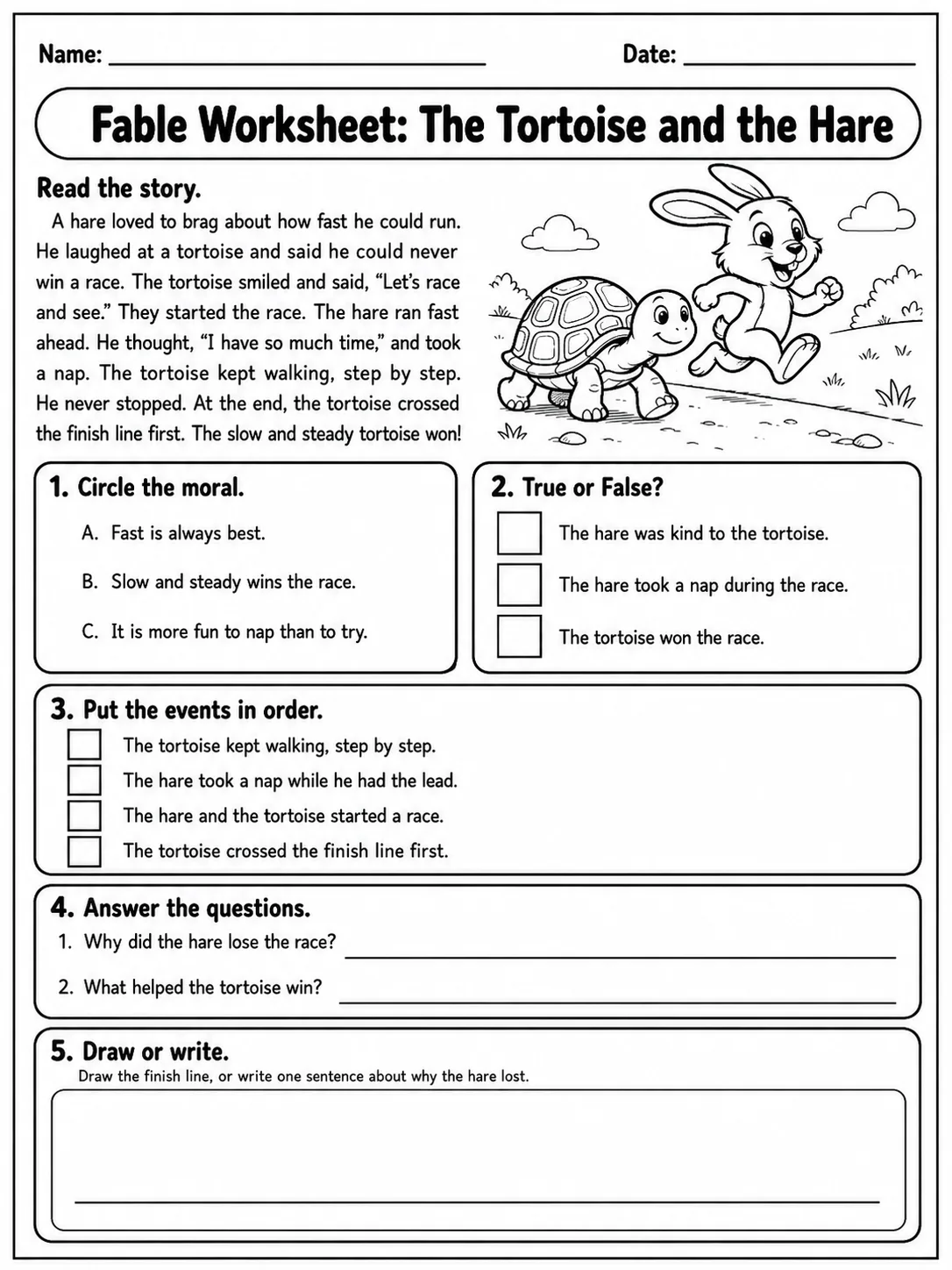 Fable Worksheet: The Tortoise and the Hare printable Grade 3 worksheet preview from KiwiBee