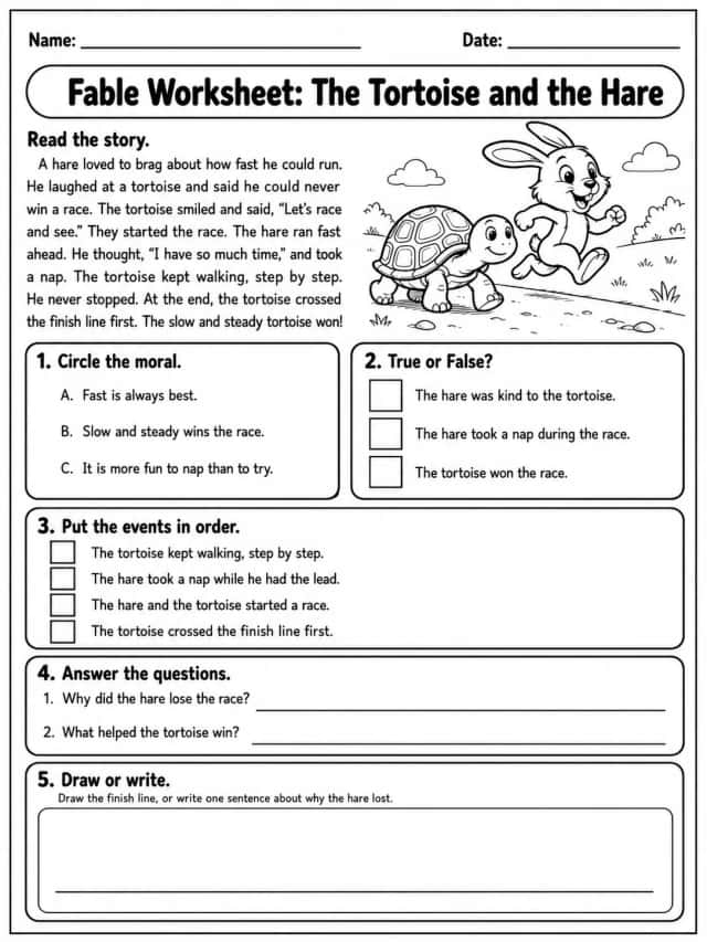 Fable Worksheet: The Tortoise and the Hare