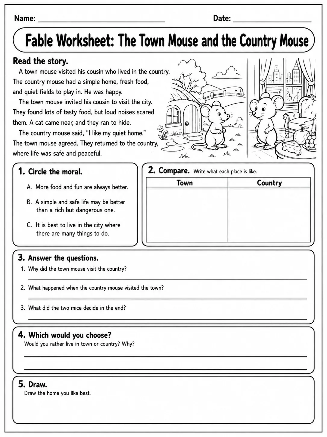 Fable Worksheet: The Town Mouse and the Country Mouse printable Grade 3 worksheet preview from KiwiBee