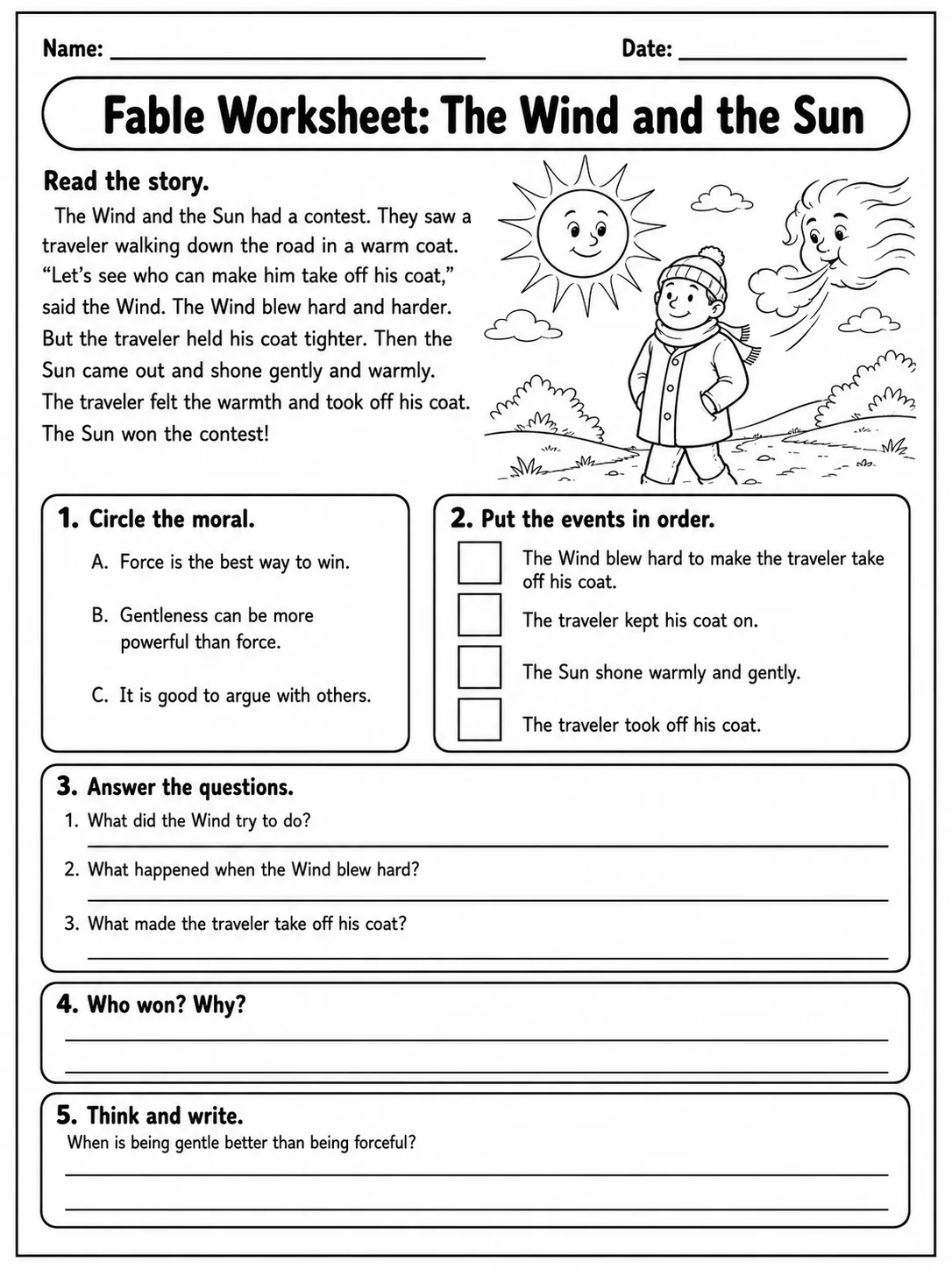 Fable Worksheet: The Wind and the Sun printable Grade 3 worksheet preview from KiwiBee