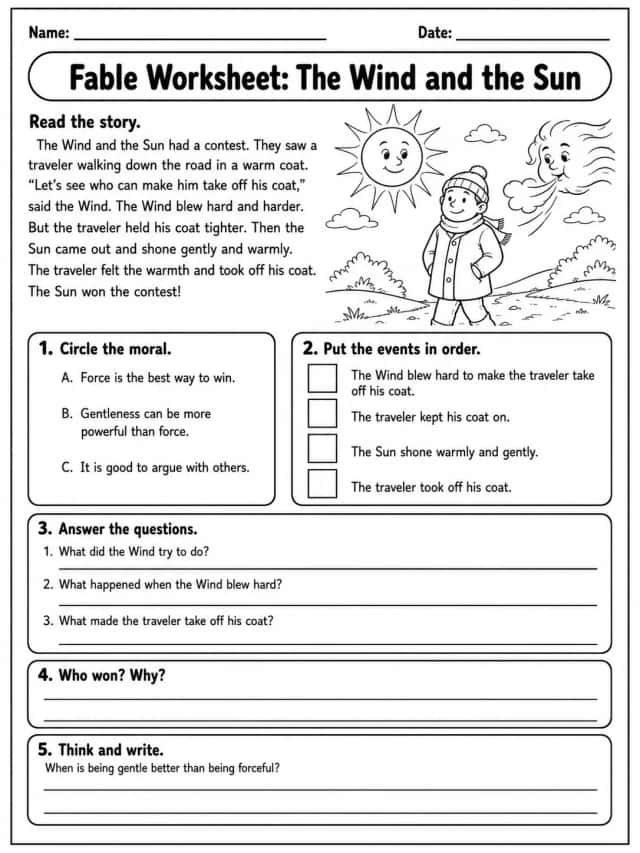 Fable Worksheet: The Wind and the Sun