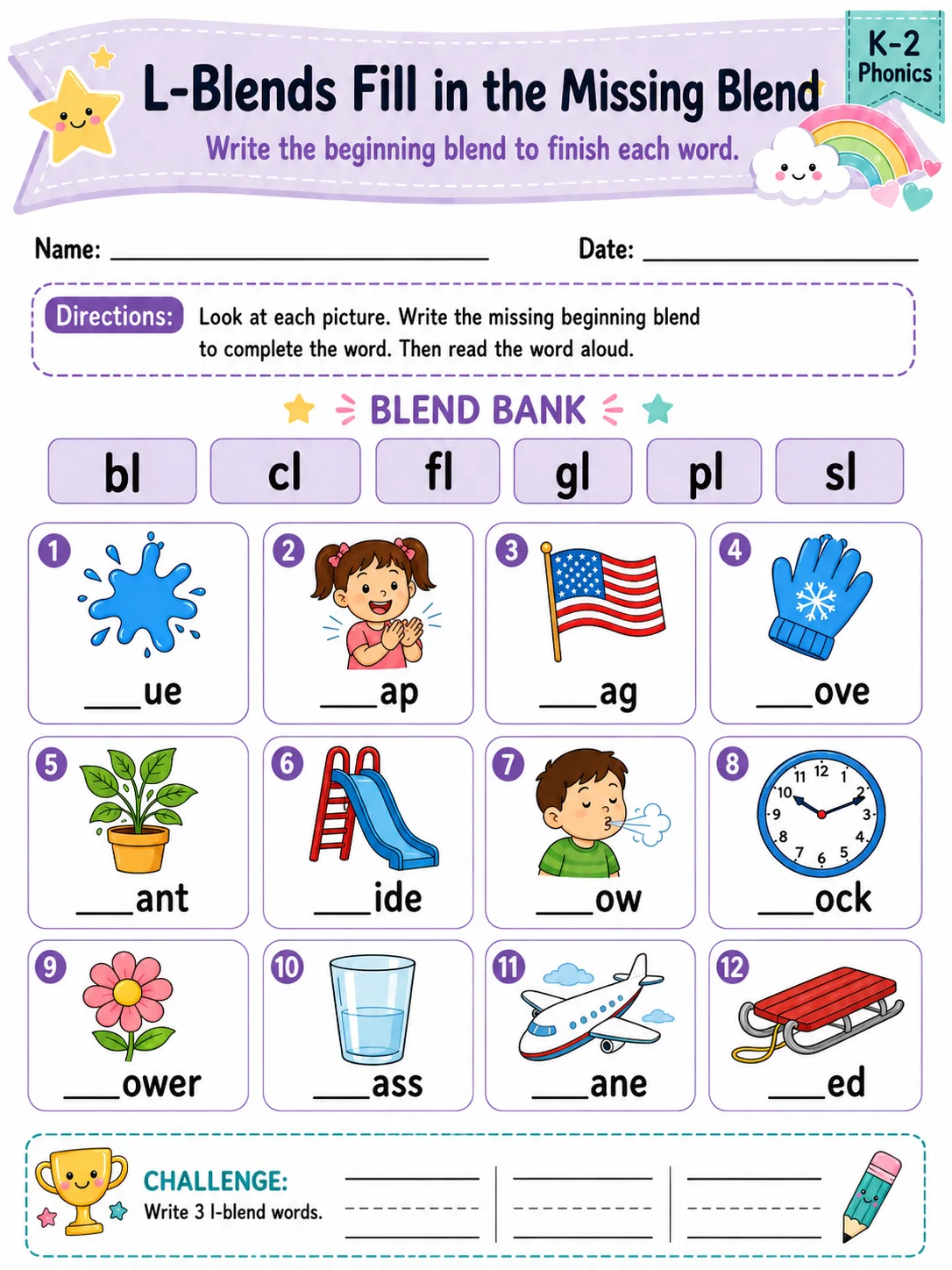 L-Blends Fill in the Missing Blend printable Grade 2 worksheet preview from KiwiBee