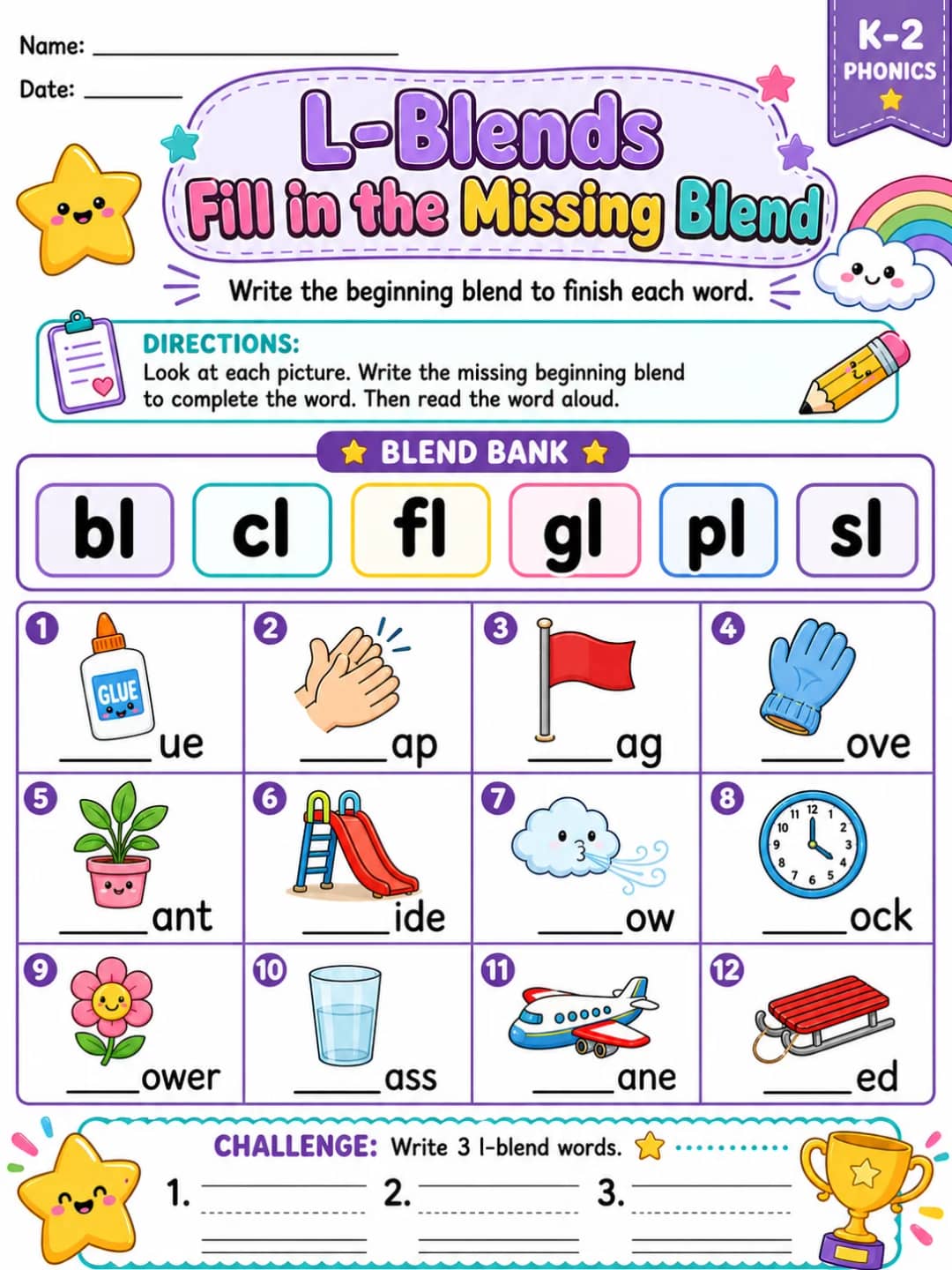 L-Blends printable Grade 2 worksheet preview from KiwiBee