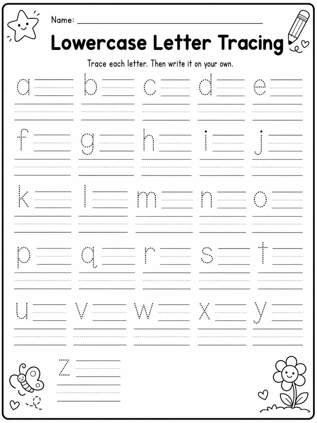 Lowercase Letter Tracing printable Kindergarten worksheet preview from KiwiBee