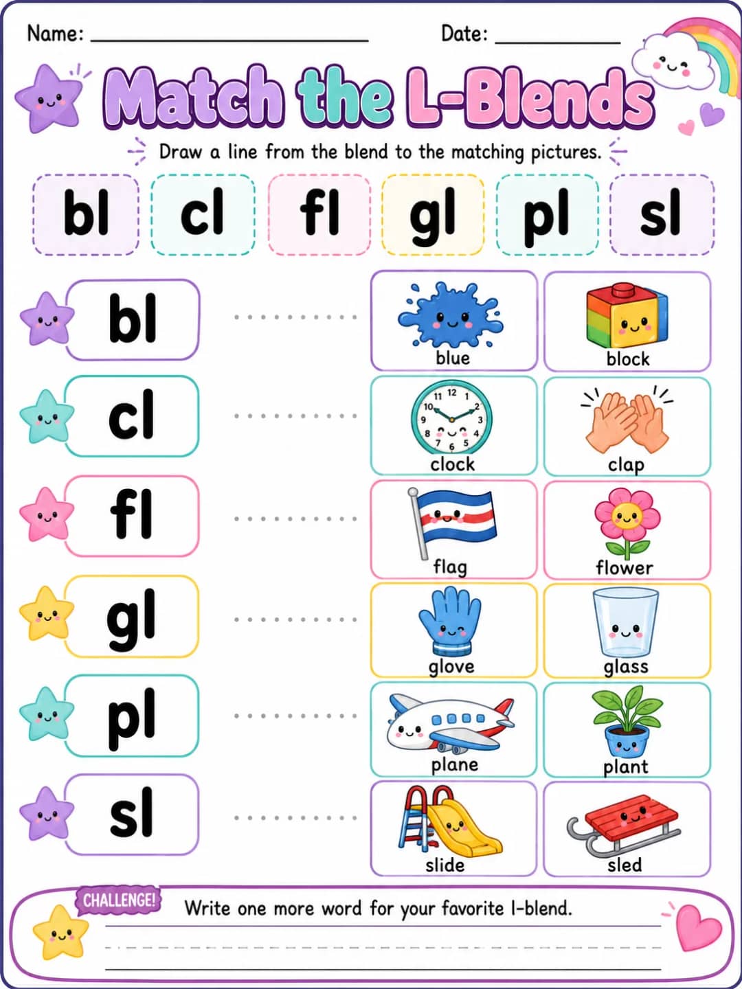 Match the L-Blends printable Grade 2 worksheet preview from KiwiBee