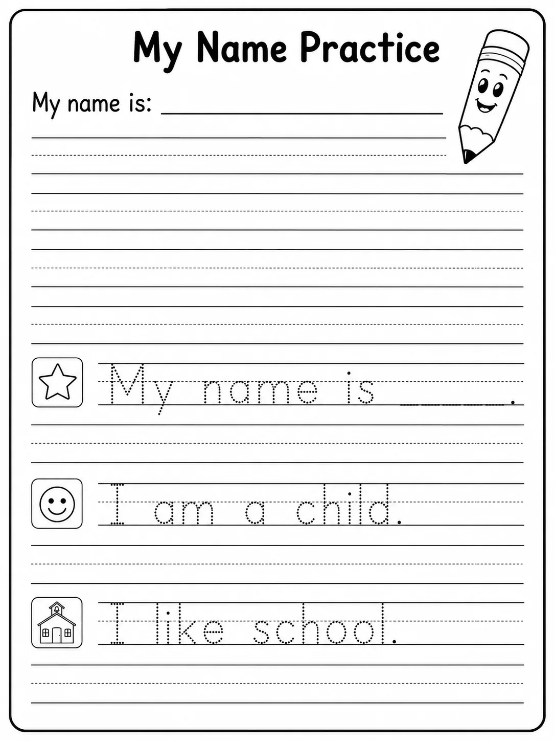 My Name Practice printable Kindergarten worksheet preview from KiwiBee