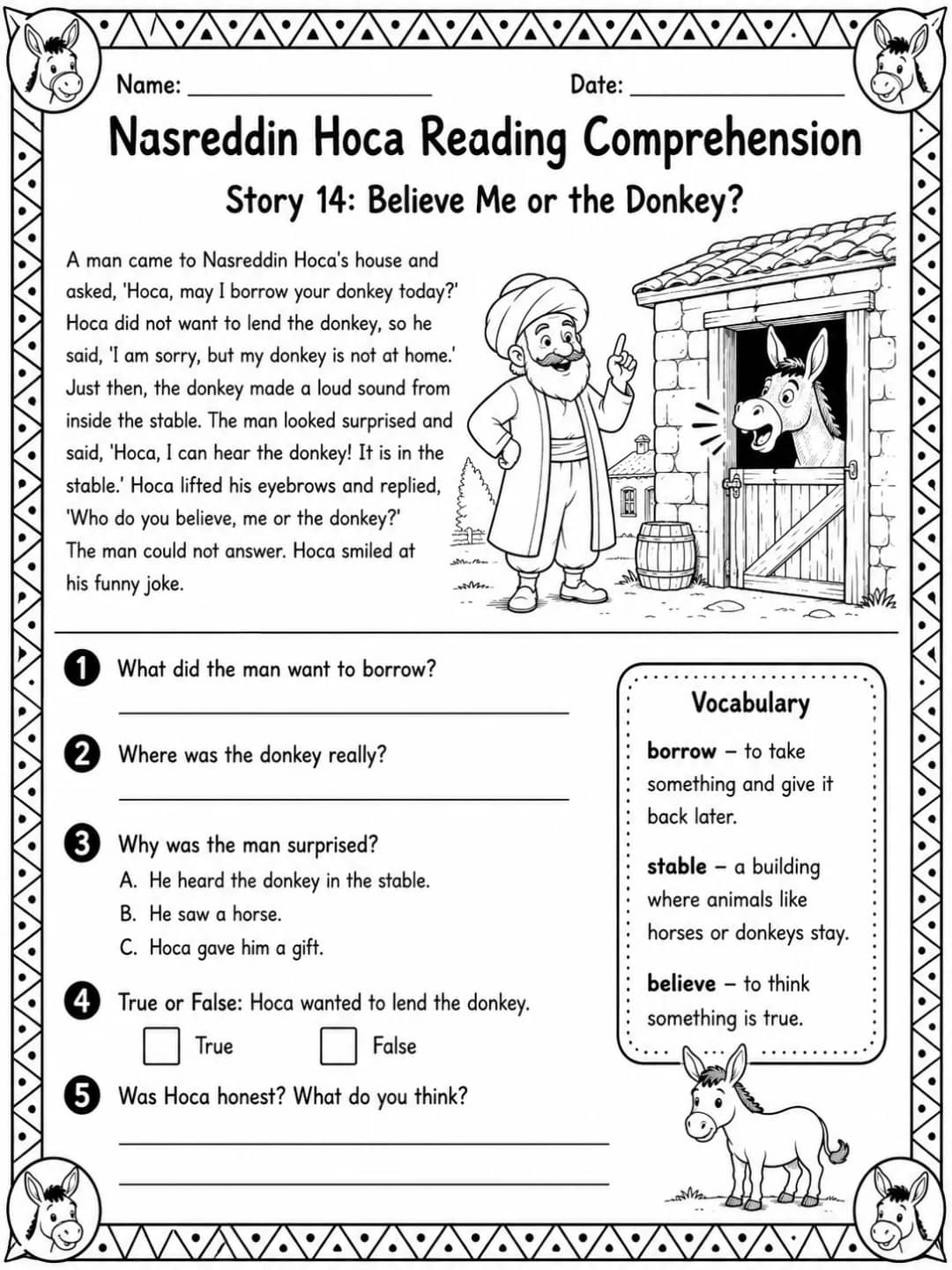 Nasreddin Hoca Reading Comprehension: Believe Me or the Donkey? printable Grade 3 worksheet preview from KiwiBee