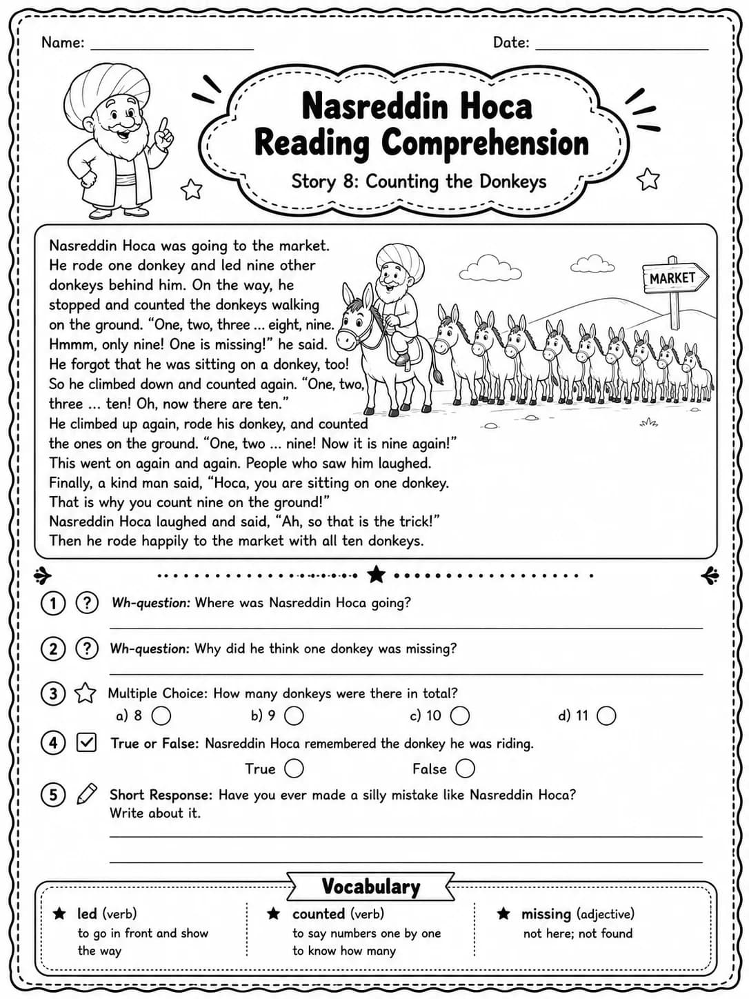 Nasreddin Hoca Reading Comprehension: Counting the Donkeys printable Grade 3 worksheet preview from KiwiBee