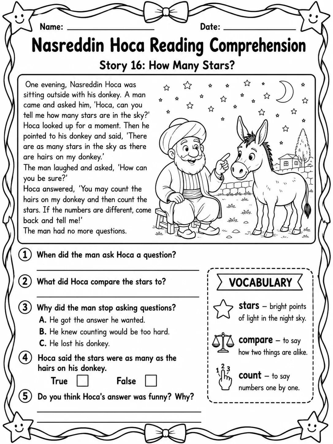 Nasreddin Hoca Reading Comprehension: How Many Stars? printable Grade 3 worksheet preview from KiwiBee