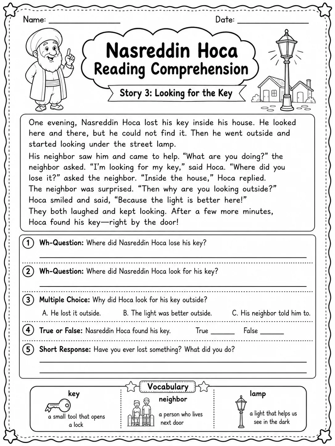 Nasreddin Hoca Reading Comprehension: Looking for the Key printable Grade 3 worksheet preview from KiwiBee