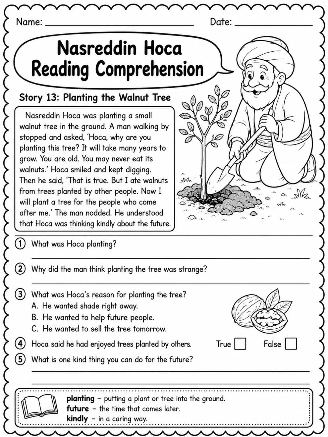 Nasreddin Hoca Reading Comprehension: Planting the Walnut Tree printable Grade 3 worksheet preview from KiwiBee