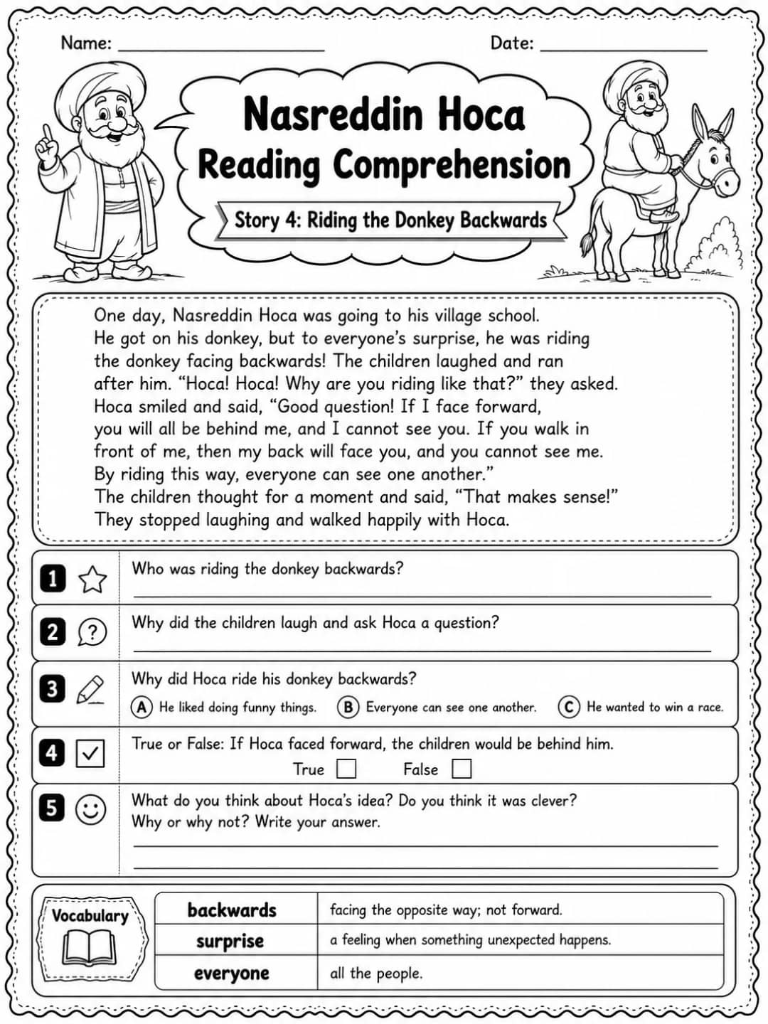 Nasreddin Hoca Reading Comprehension: Riding the Donkey Backwards printable Grade 3 worksheet preview from KiwiBee
