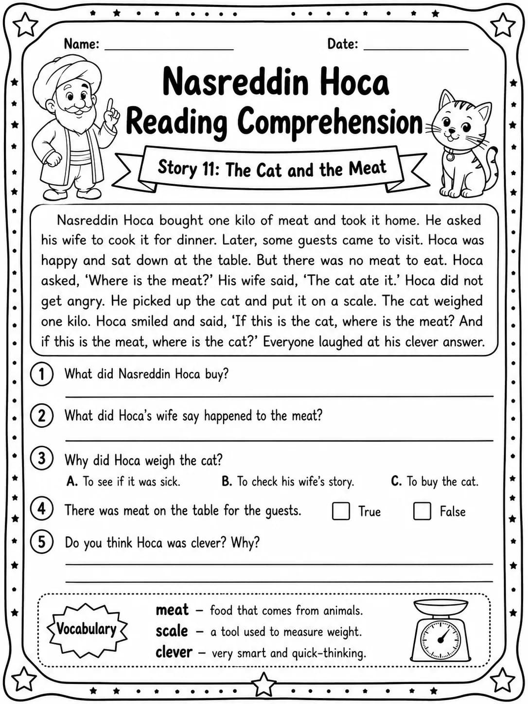 Nasreddin Hoca Reading Comprehension: The Cat and the Meat printable Grade 3 worksheet preview from KiwiBee