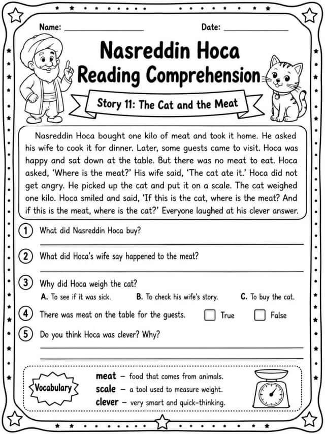 Nasreddin Hoca Reading Comprehension: The Cat and the Meat