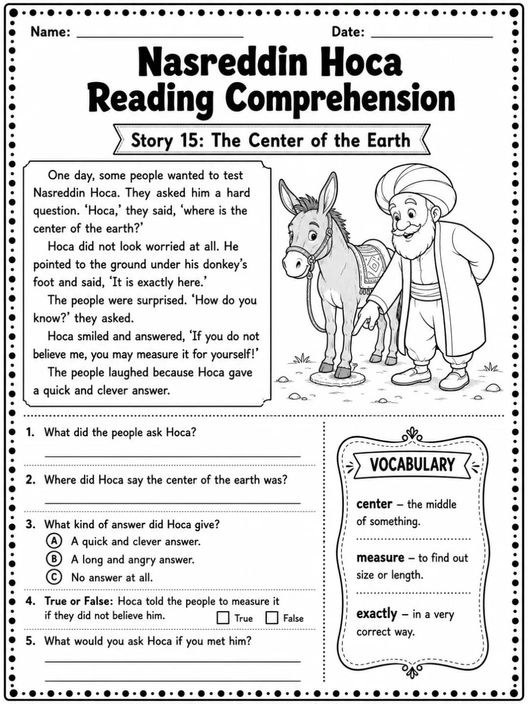 Nasreddin Hoca Reading Comprehension: The Center of the Earth printable Grade 3 worksheet preview from KiwiBee