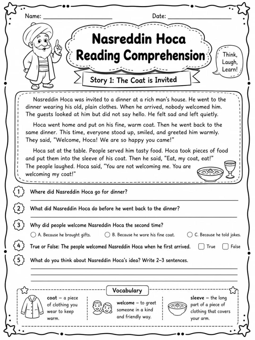 Nasreddin Hoca Reading Comprehension: The Coat is Invited printable Grade 3 worksheet preview from KiwiBee