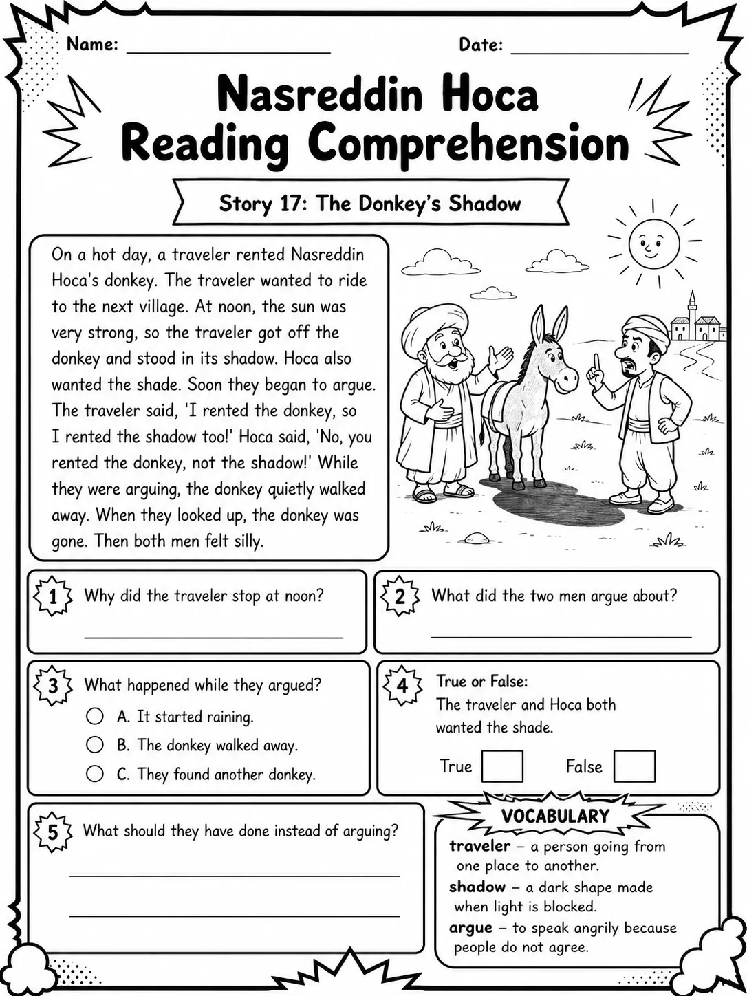 Nasreddin Hoca Reading Comprehension: The Donkey's Shadow printable Grade 3 worksheet preview from KiwiBee