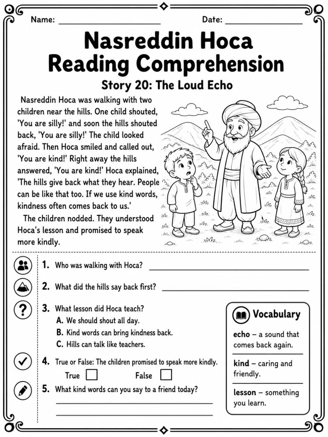 Nasreddin Hoca Reading Comprehension: The Loud Echo printable Grade 3 worksheet preview from KiwiBee