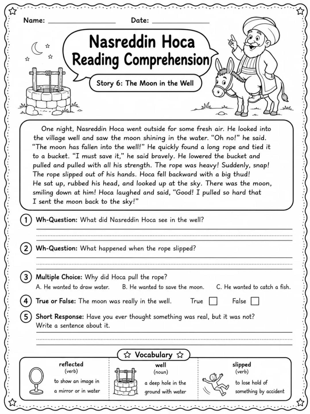 Nasreddin Hoca Reading Comprehension: The Moon in the Well printable Grade 3 worksheet preview from KiwiBee