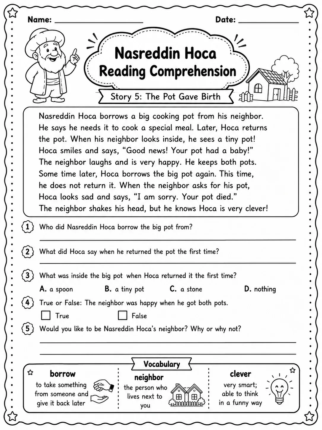 Nasreddin Hoca Reading Comprehension: The Pot Gave Birth printable Grade 3 worksheet preview from KiwiBee
