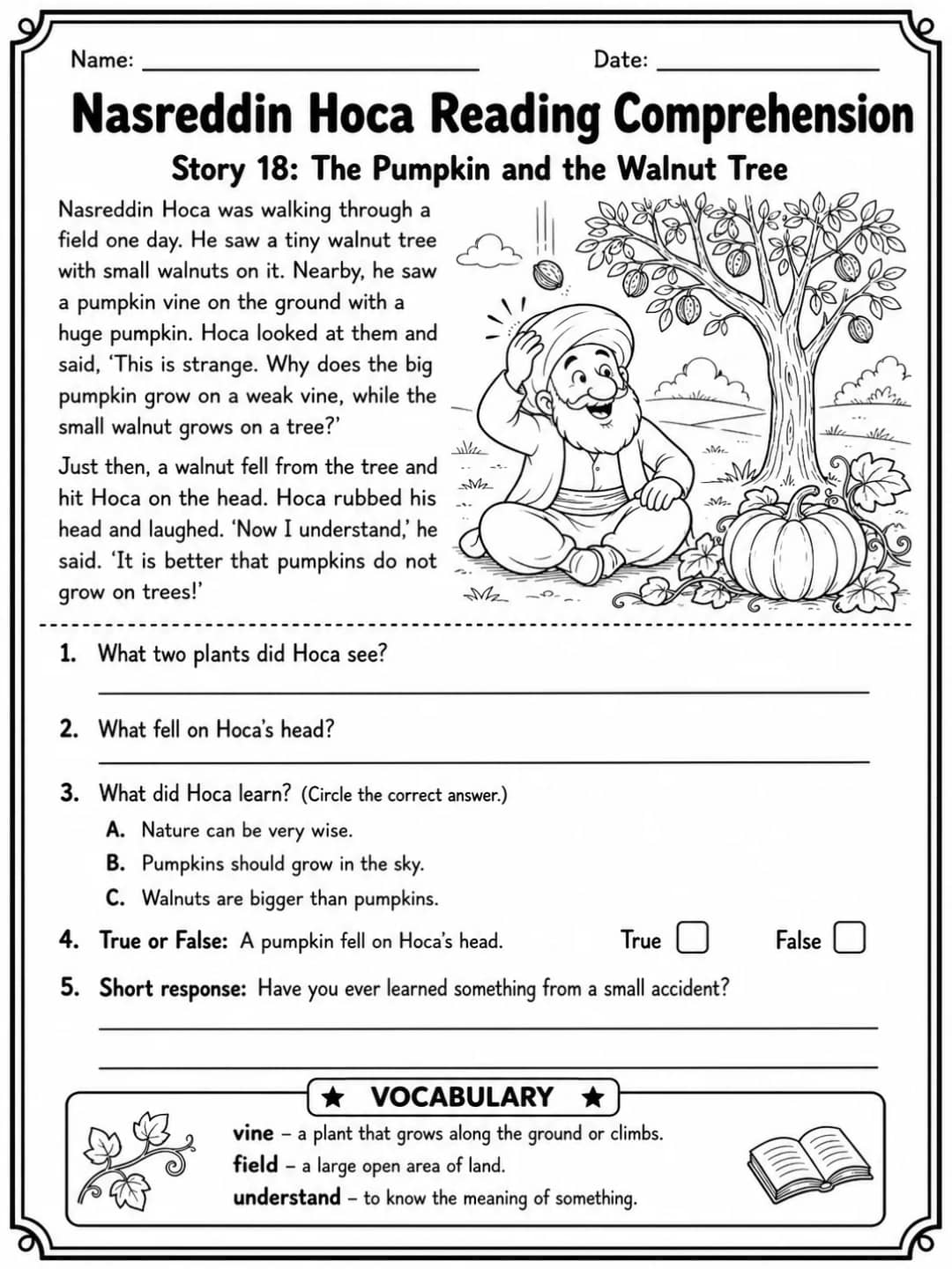 Nasreddin Hoca Reading Comprehension: The Pumpkin and the Walnut Tree printable Grade 3 worksheet preview from KiwiBee