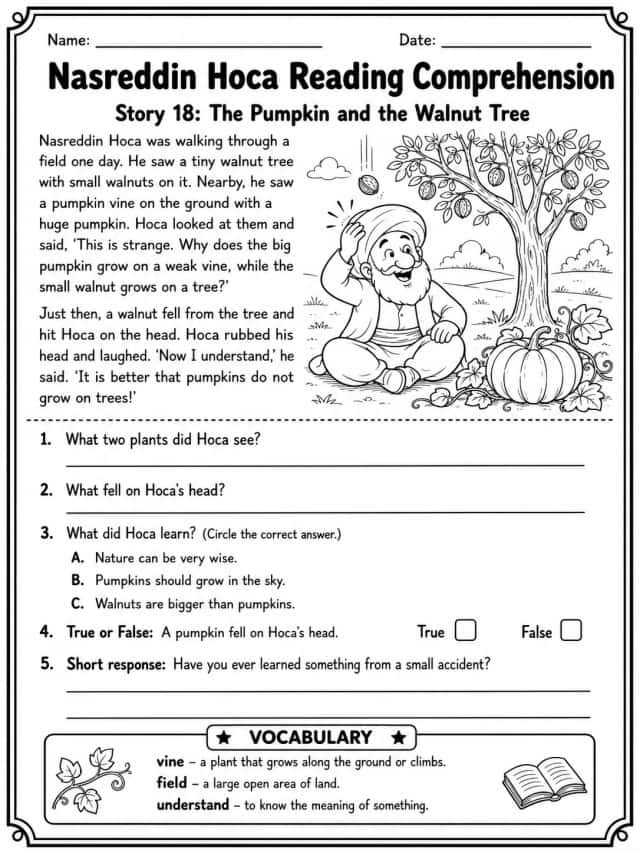 Nasreddin Hoca Reading Comprehension: The Pumpkin and the Walnut Tree