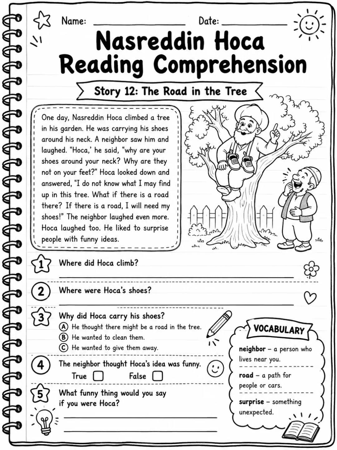 Nasreddin Hoca Reading Comprehension: The Road in the Tree printable Grade 3 worksheet preview from KiwiBee