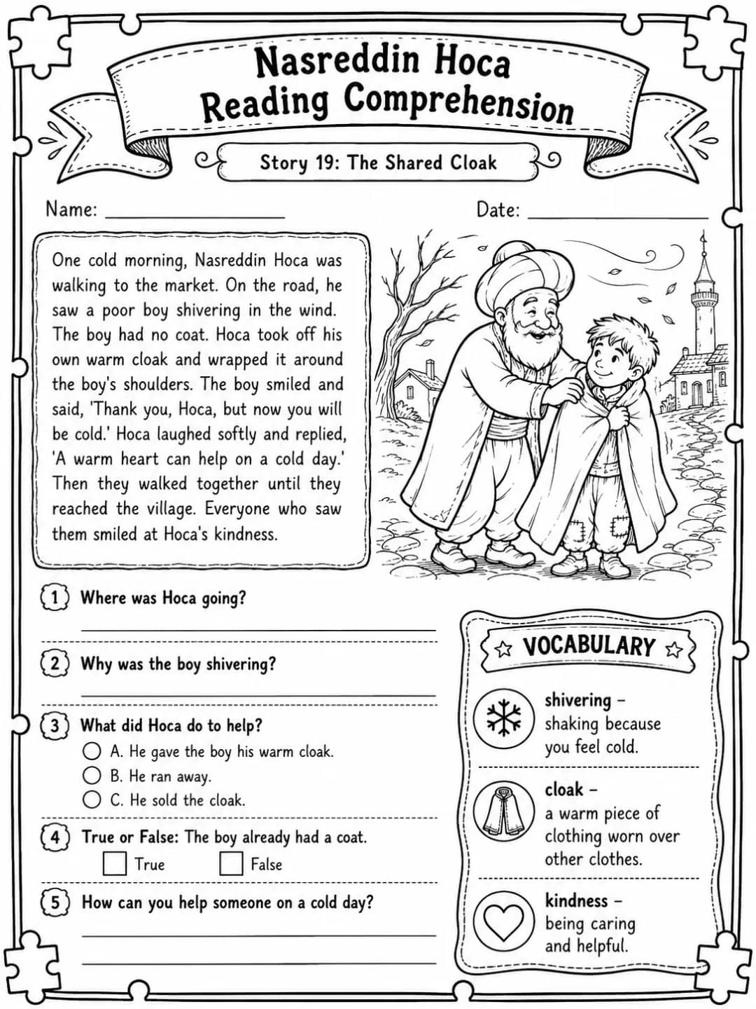 Nasreddin Hoca Reading Comprehension: The Shared Cloak printable Grade 3 worksheet preview from KiwiBee