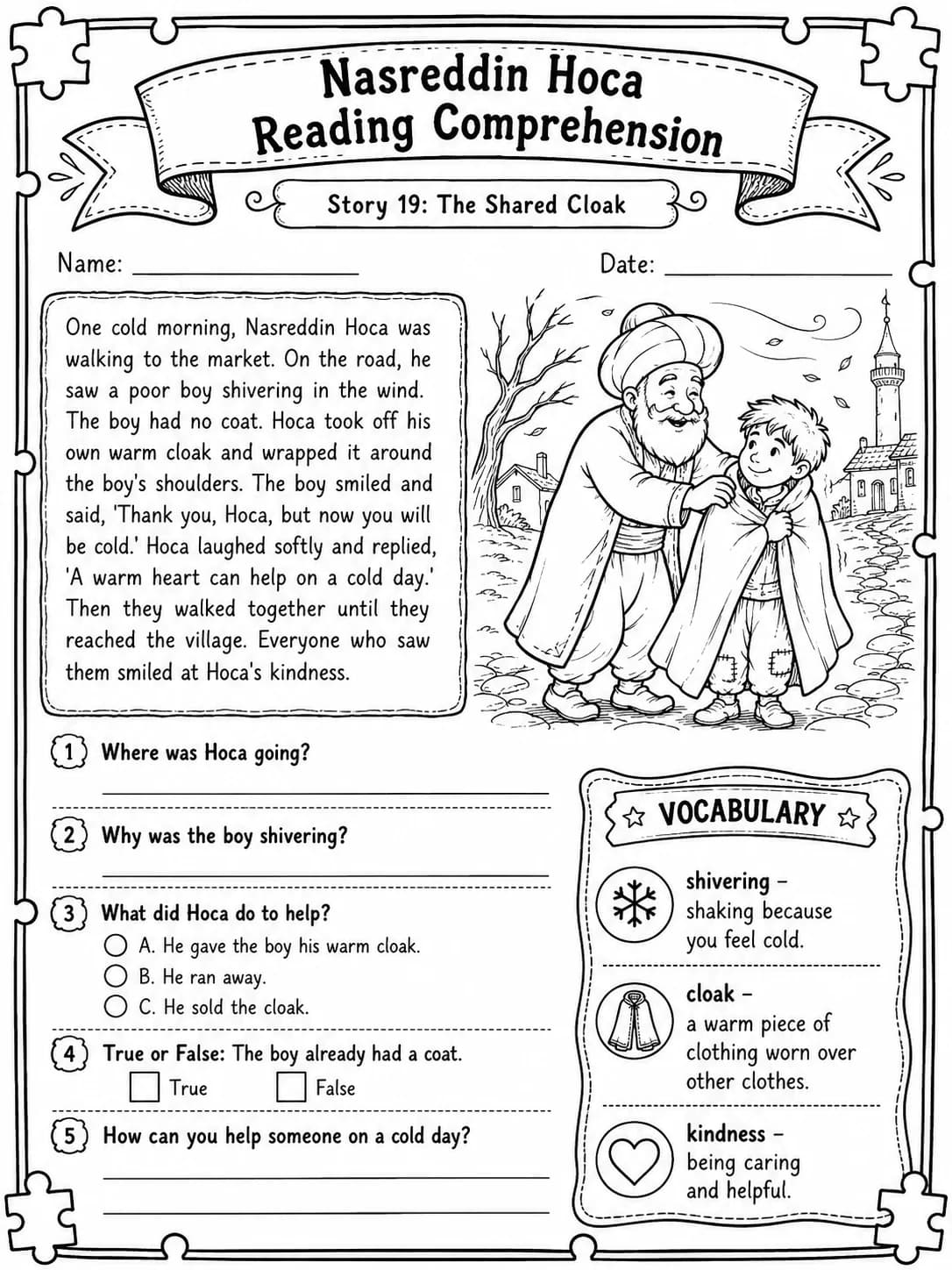 Nasreddin Hoca Reading Comprehension: The Shared Cloak printable Grade 3 worksheet preview from KiwiBee
