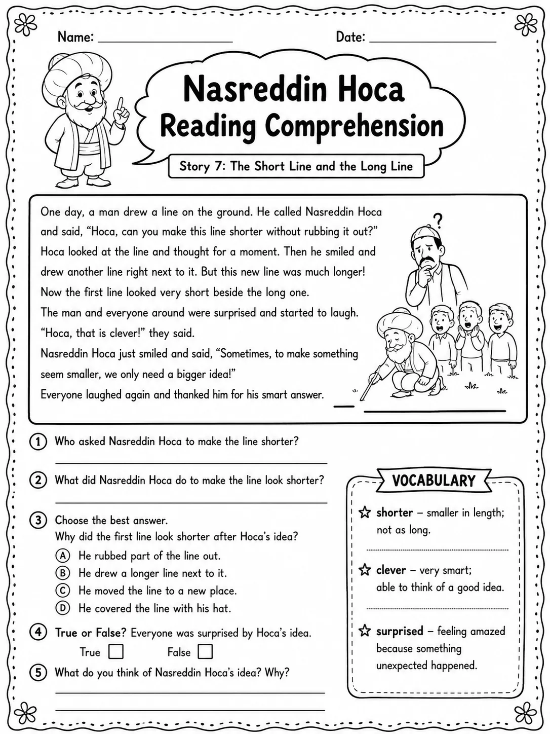 Nasreddin Hoca Reading Comprehension: The Short Line and the Long Line printable Grade 3 worksheet preview from KiwiBee