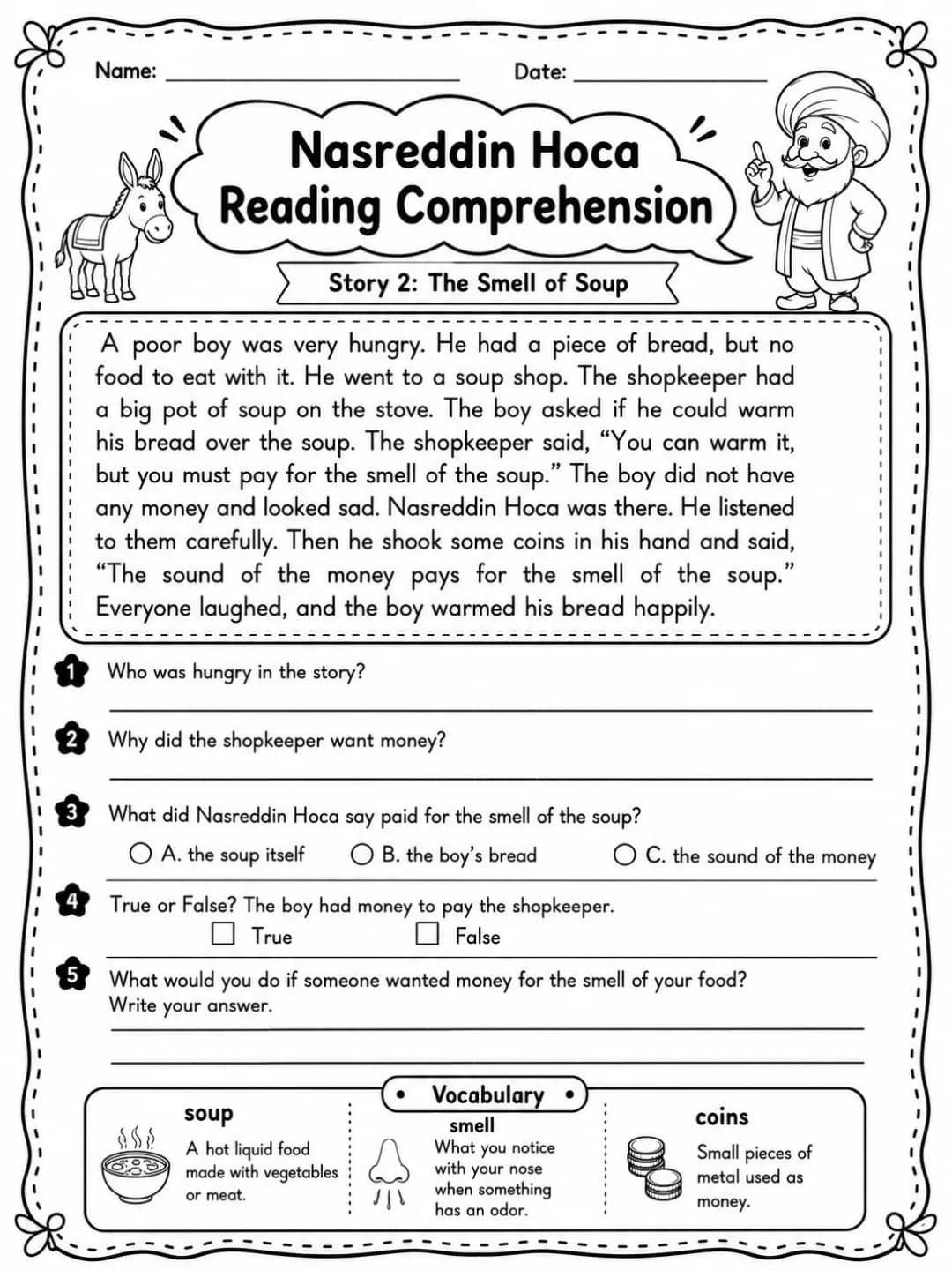 Nasreddin Hoca Reading Comprehension: The Smell of Soup printable Grade 3 worksheet preview from KiwiBee