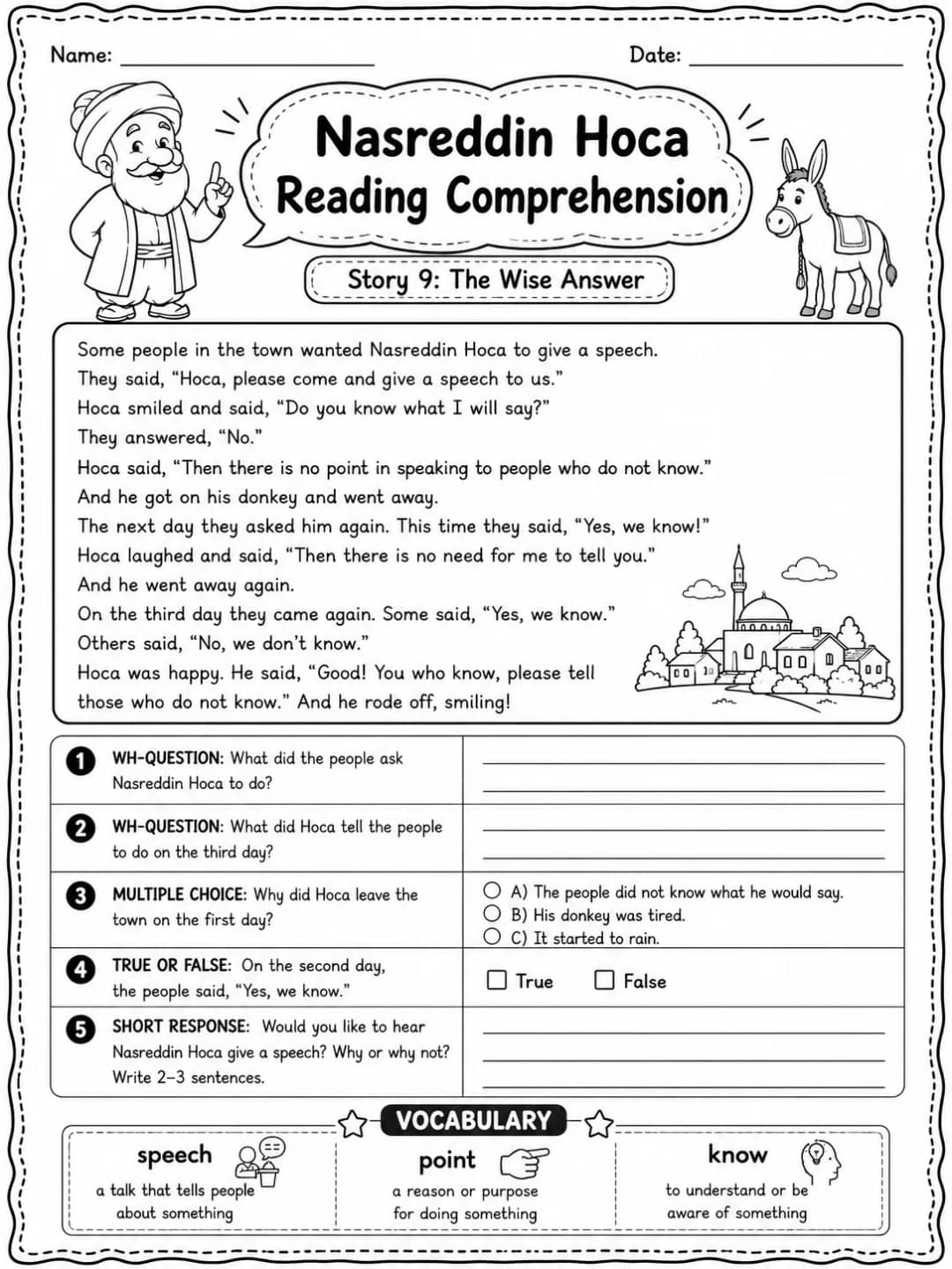 Nasreddin Hoca Reading Comprehension: The Wise Answer printable Grade 3 worksheet preview from KiwiBee